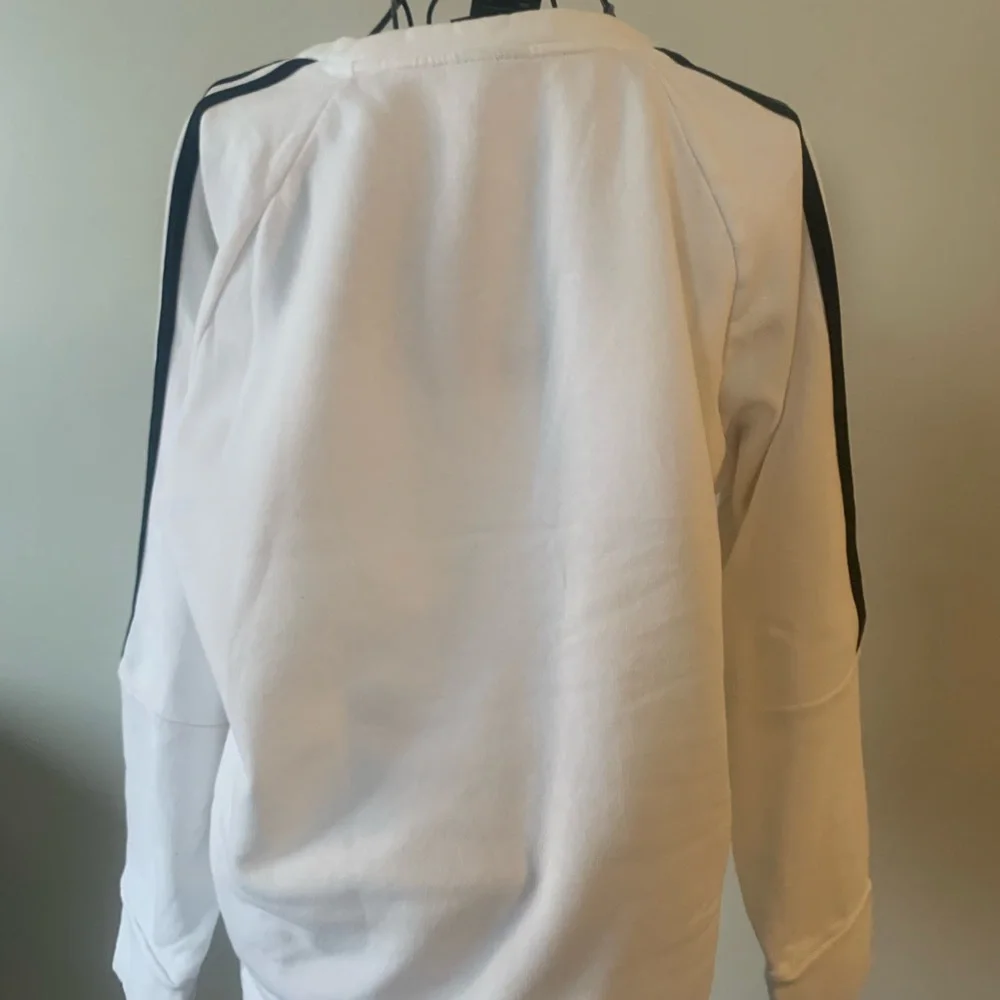 Adidas Classic White Crewneck with Black Sleeve Stripes-Women’s - Picture 3 of 3